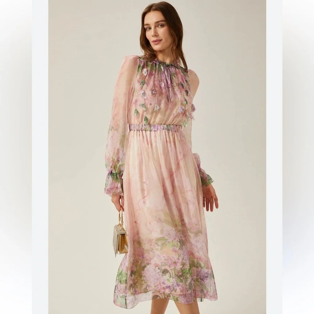 NWT Miss Rosier JUSTINE Dress floral print cinched midi size Small PINK cottage - Picture 3 of 16